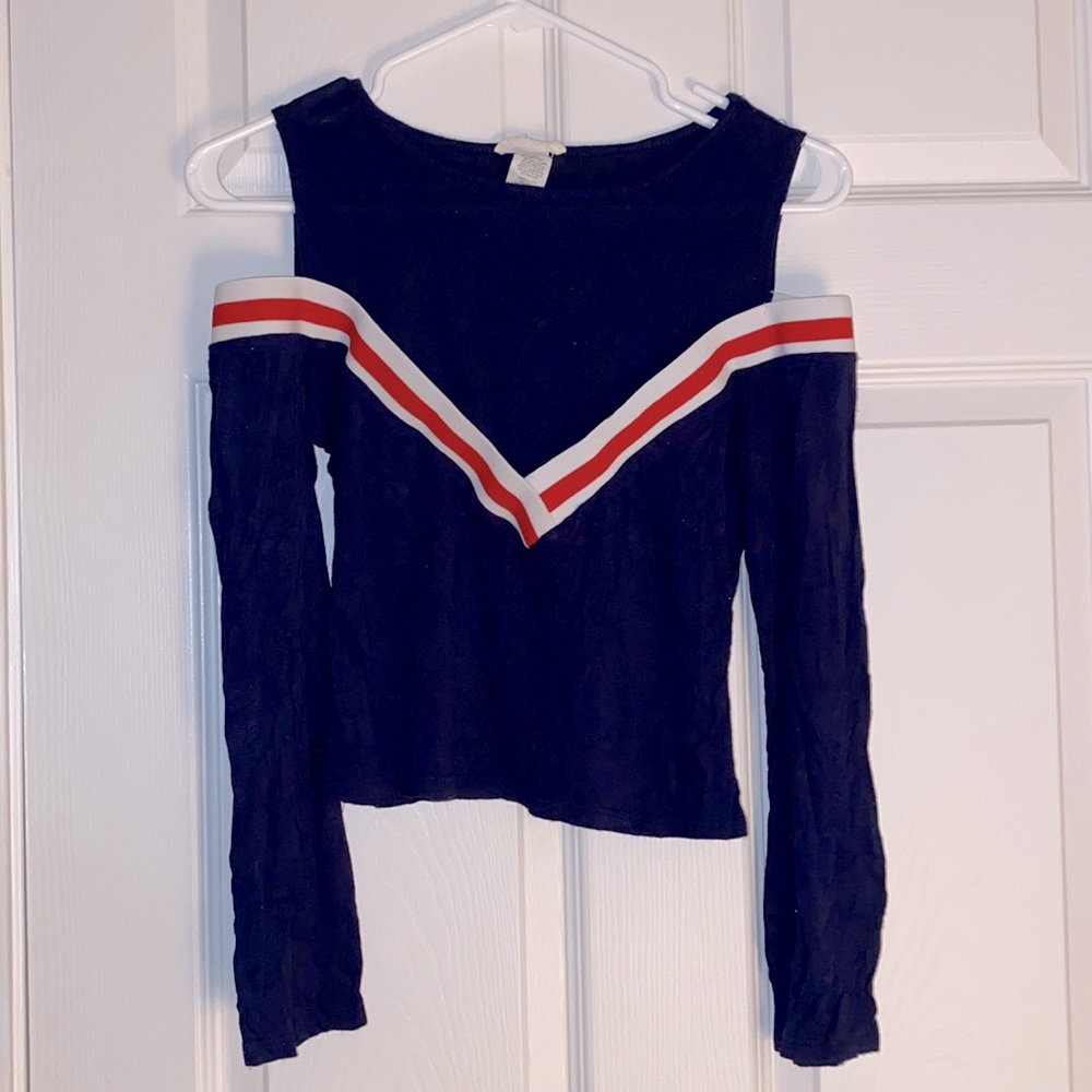 Navy blue top with red and white chevron